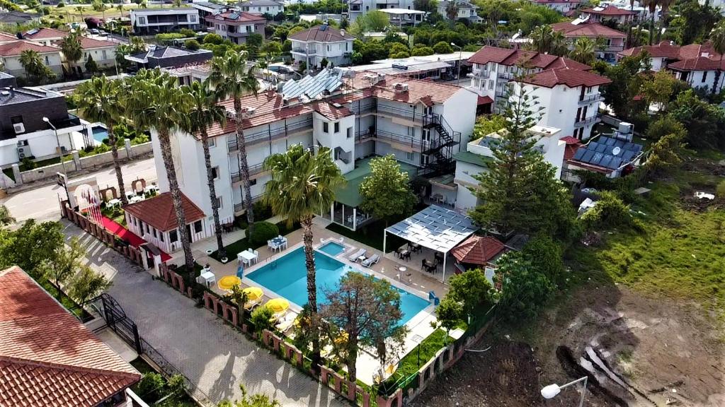 an aerial view of a large house with a swimming pool at MiraSu Hotel in Agva
