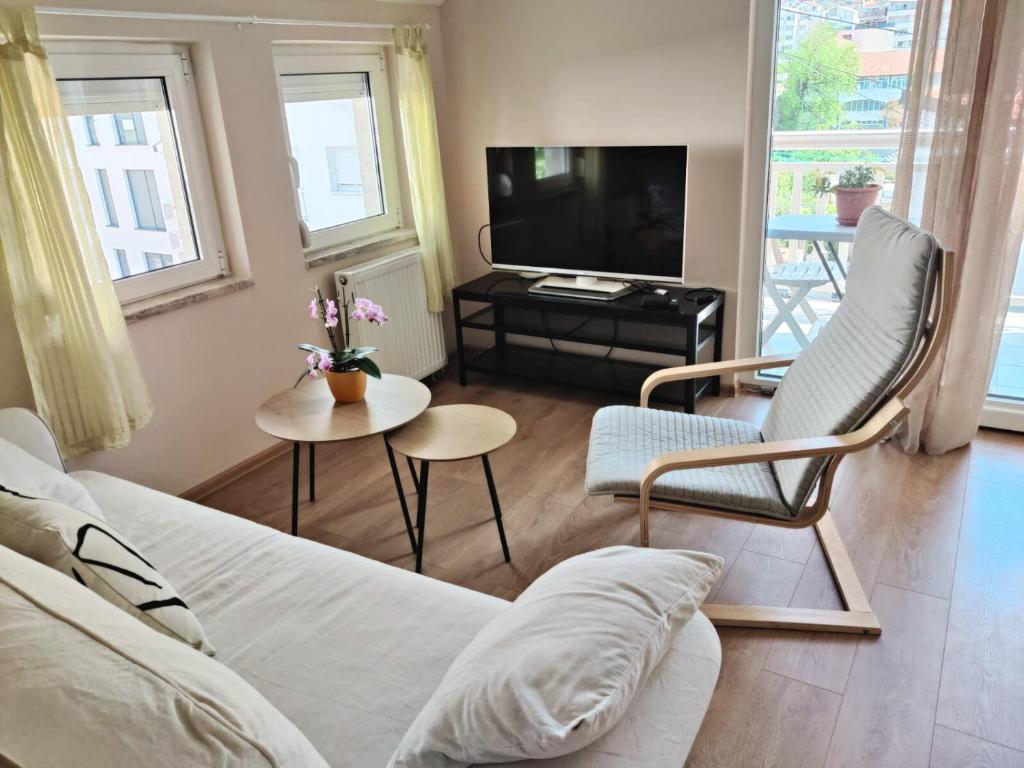 莫斯塔爾的住宿－Stella Apartments Mostar，一间带床和电视的客厅