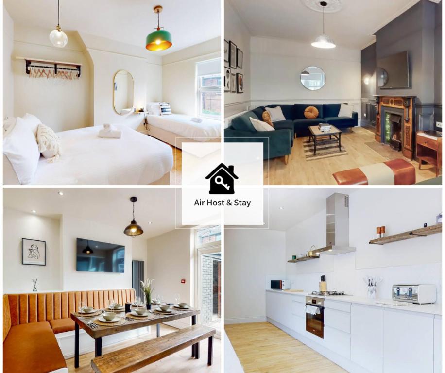 un collage de fotos de una sala de estar y un apartamento en Air Host and Stay - Lancefield House sleeps 15, 5 bedrooms 3 bathrooms, en Walton on the Hill