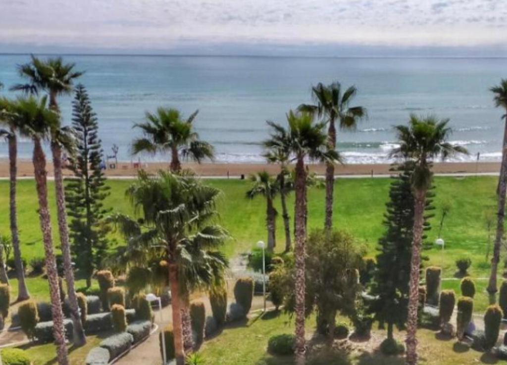 a view of a park with palm trees and the beach at Tu Oasis lujoso en Marina d Or in Oropesa del Mar