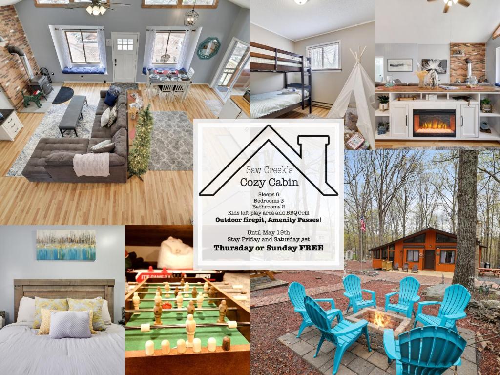 a collage of photos of a living room and a house at Premier Cozy Cabin - Free Amenities & Comm Indoor Pools in Bushkill