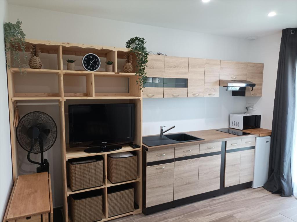 een keuken met houten kasten en een flatscreen-tv bij Chambre studio aménagé in Cers