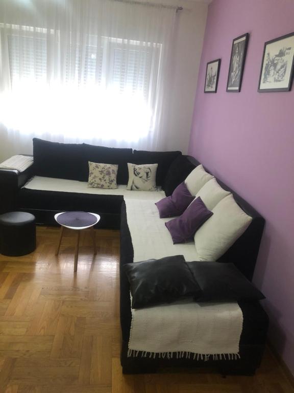 uma sala de estar com um sofá com almofadas em Apartman Tanjuška em Podgorica