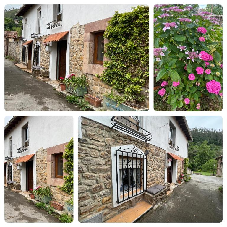 a group of four pictures of a building with flowers at Casa en Treceño 5 Dormitorios y 2 Plantas in Treceño