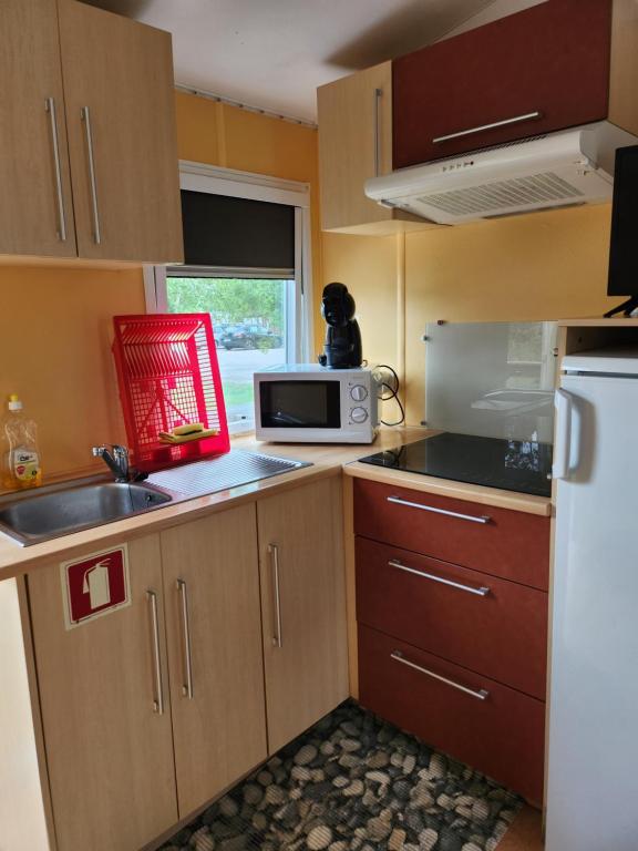 a small kitchen with a sink and a microwave at A casinha da aguieira na Lands Hause L6 in Burinhosa