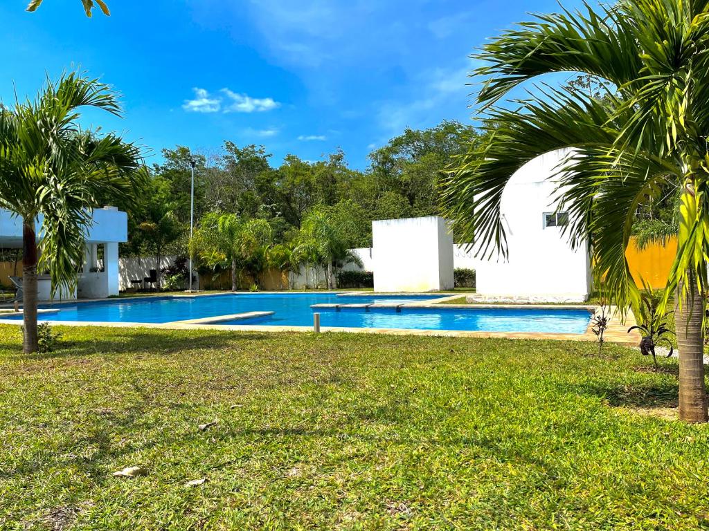 a swimming pool in a resort with palm trees at Condominio en Playa del Carmen c/alberca in Playa del Carmen