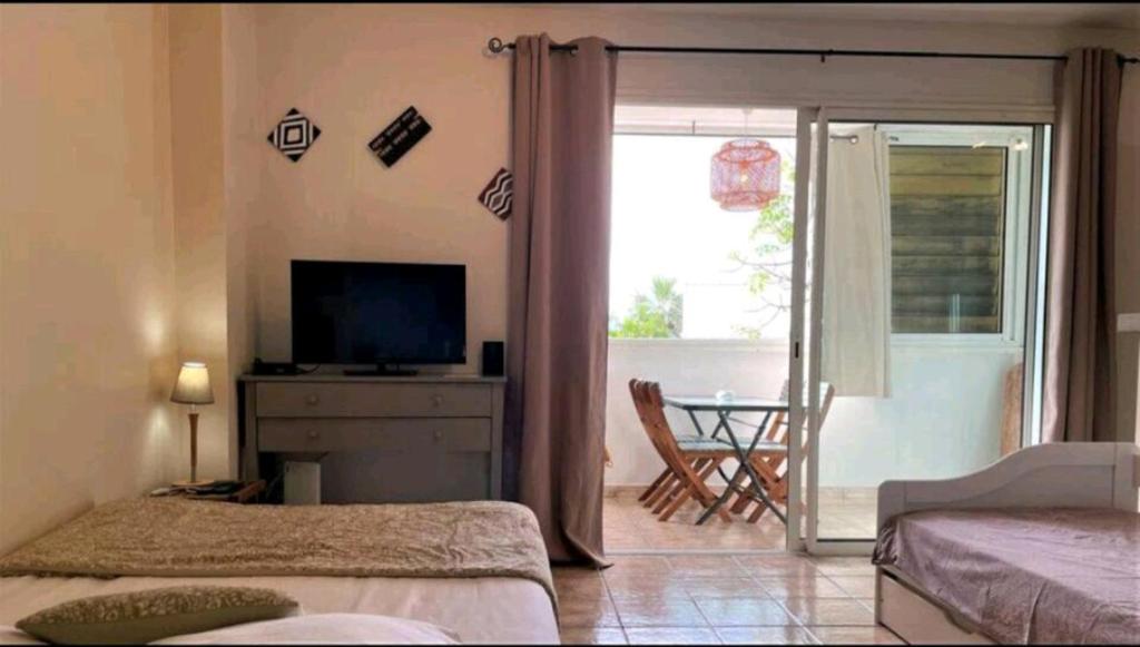 a bedroom with a television and a sliding glass door at Grand studio lumineux à Saint-Gilles-les-Bains in Saint-Gilles les Bains