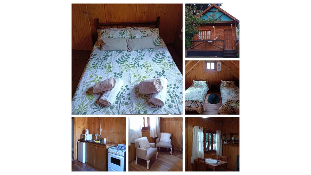 un collage de fotos de un dormitorio y una cama en Cabaña Aiken en Esquel