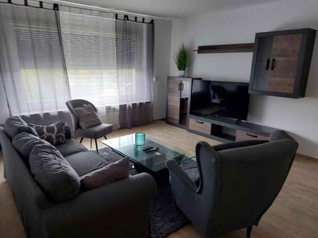 Sala de estar con 2 sofás y TV en Bruchköbel auch für Monteure, en Bruchköbel