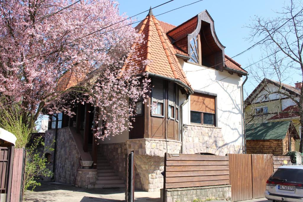 een huis met een bloeiende boom ervoor bij Tulipán Vendégház in Miskolc