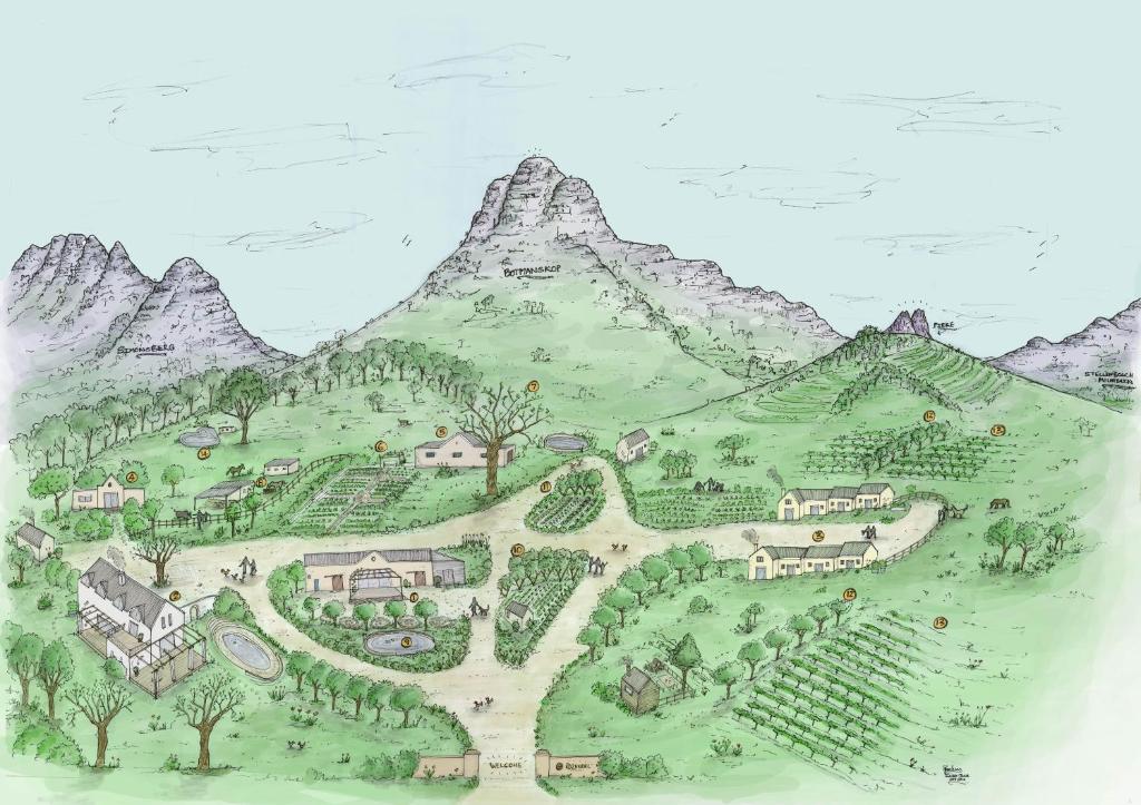 a drawing of a village in the mountains at Rozendal Stay in Stellenbosch
