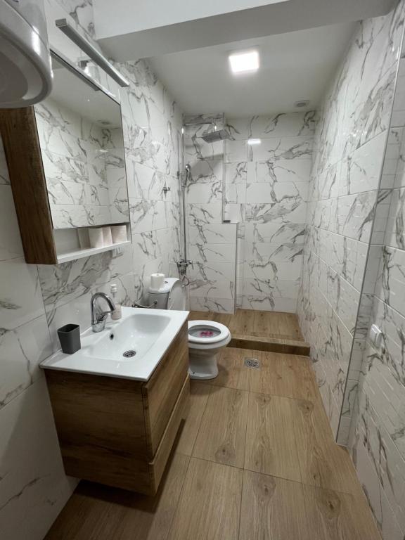 a bathroom with a sink and a toilet at Apartmani Queen in Kraljevo