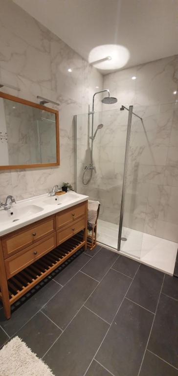 La salle de bains est pourvue d'une douche et d'un lavabo. dans l'établissement Maison sur mer Palavas, à Palavas-les-Flots