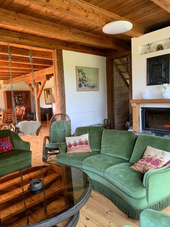 a living room with a green couch and a glass table at Pod Lipami in Zawady