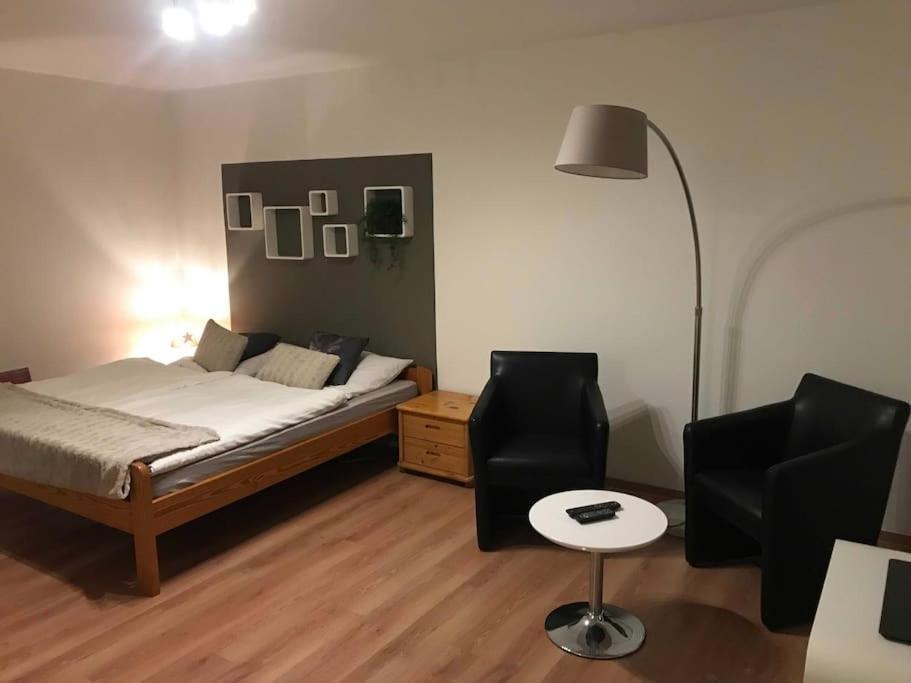 1 dormitorio con 1 cama, 2 sillas y 1 lámpara en charmantes 1Zi Apartment im Herzen von Braunschweig mit Balkon en Brunswick