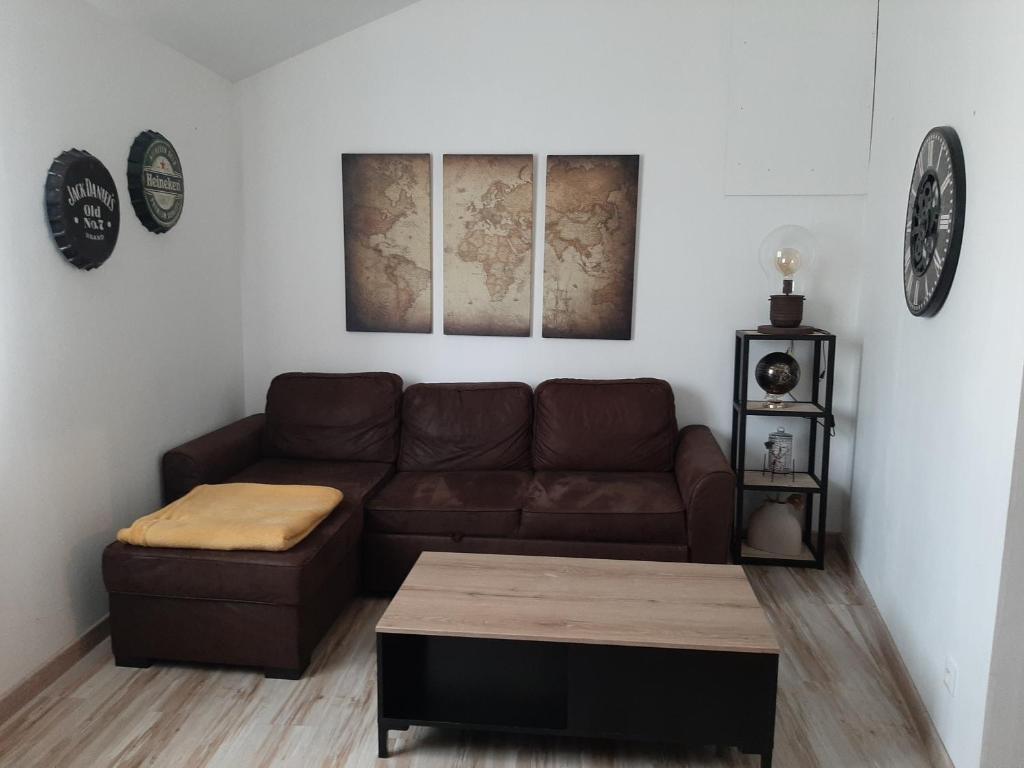 a living room with a brown couch and a coffee table at Appartement Le Patio in Chauvigny