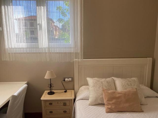 een slaapkamer met een bed met een nachtkastje en een raam bij HABITACION BAÑO COCINA JARDIN Y PARKING in Erandio