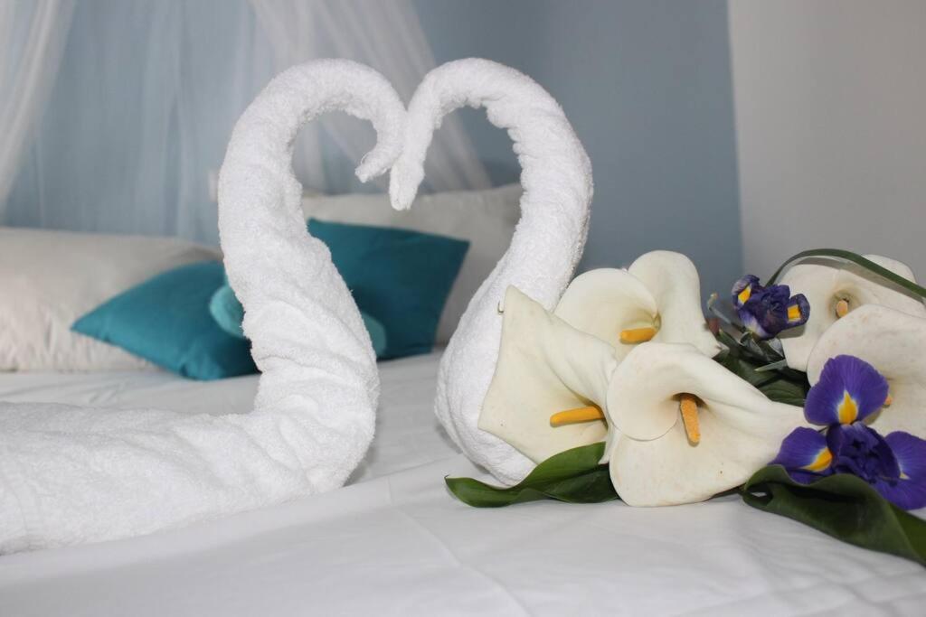 two towel swans sitting on a bed with flowers at Sissi Olive home in Sissi