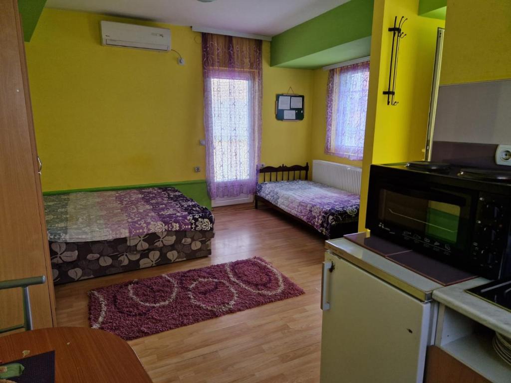 a room with two beds and a kitchen with yellow walls at Apartments Hadži in Soko Banja