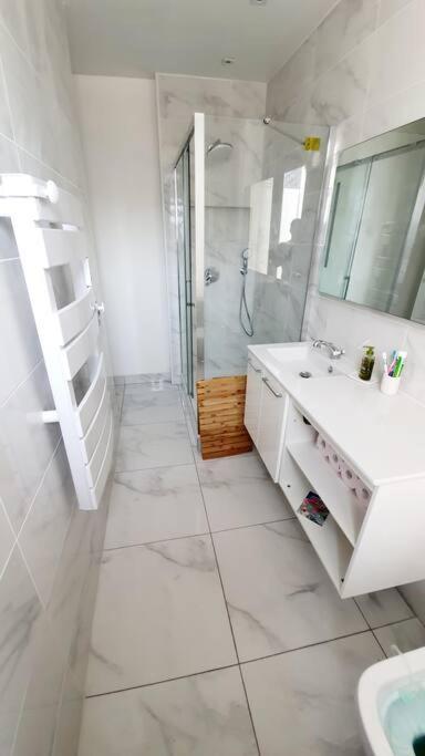 a white bathroom with a sink and a shower at Le Domaine : maison proche de la plage et du port in Fécamp