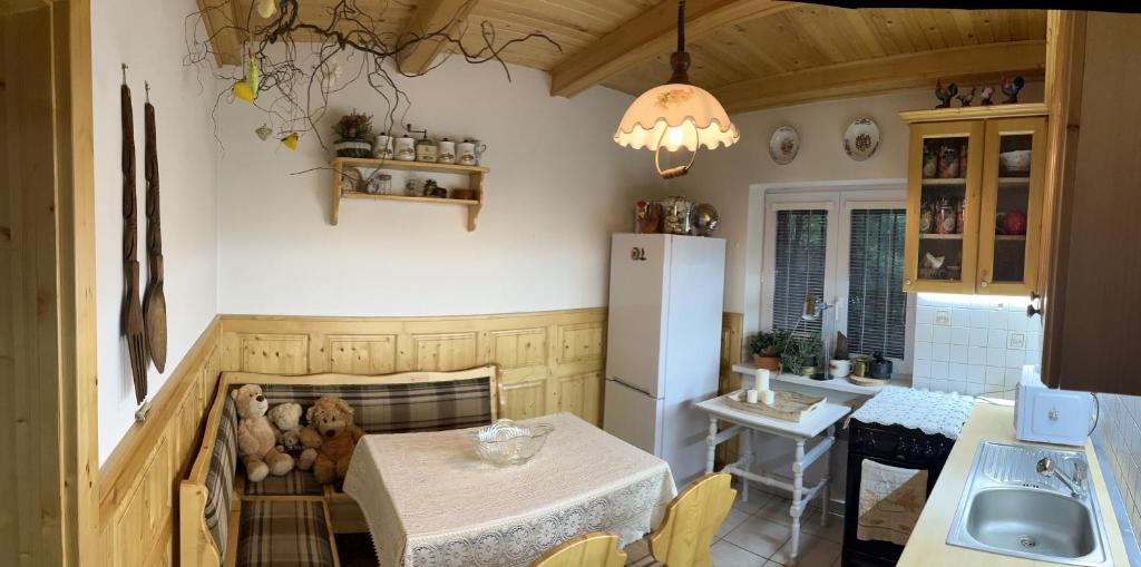 cocina con mesa y nevera en Villa Romana en Pezinok