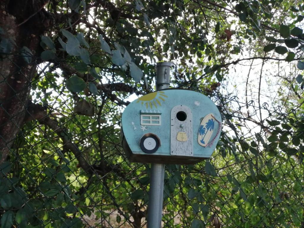 a blue bird house sitting on top of a pole at Monte Papa Figos in Malhão