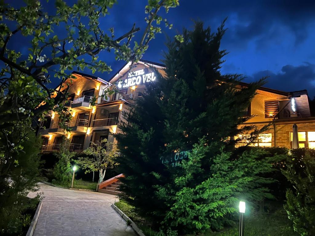 a hotel at night with a tree in front of it at ArdoVel Park Hotel in Velingrad