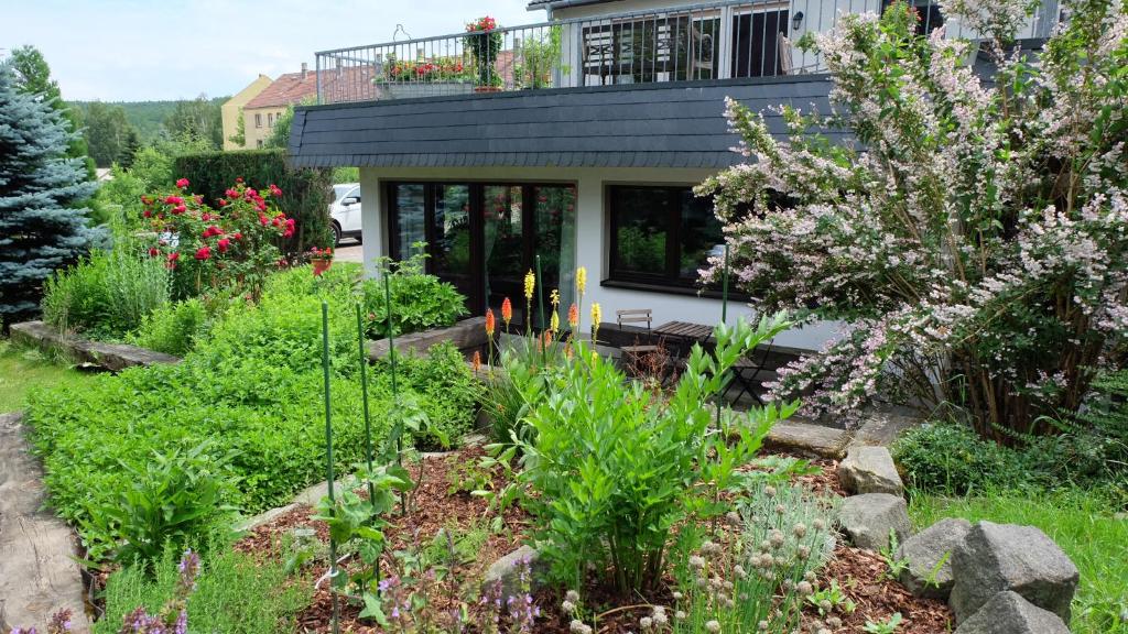 a garden in front of a house with flowers at FeWo Eilers in Schönau-Berzdorf