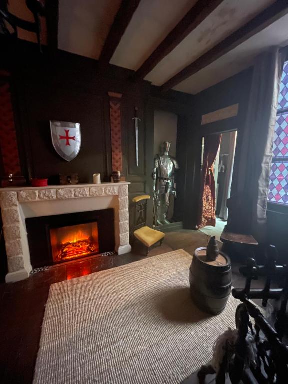 a living room with a fireplace and a statue at Une Nuit Comme Un Chevalier! Coeur historique - Hypercentre. in Troyes