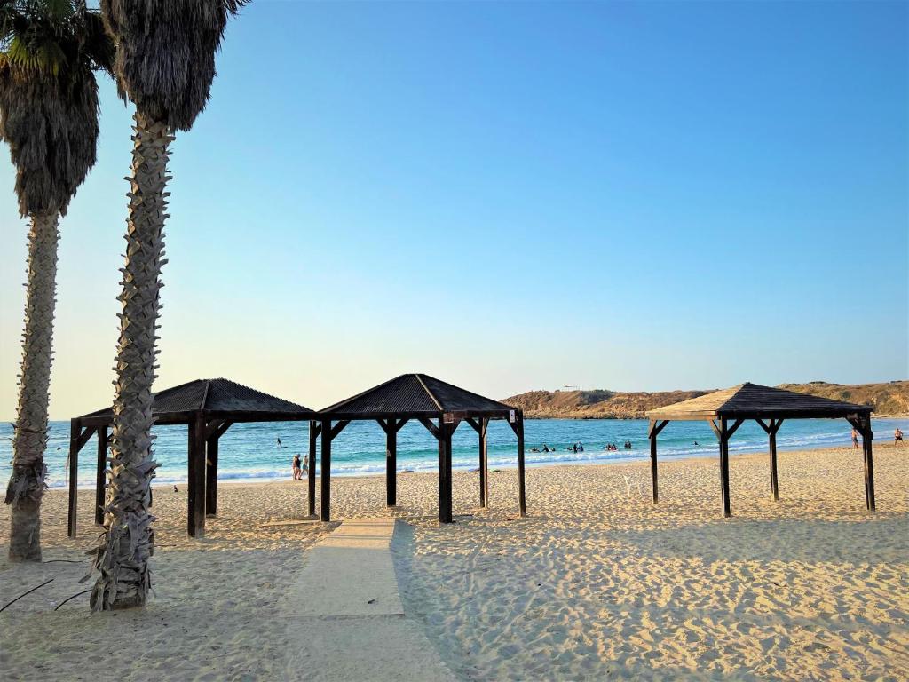 uma praia com guarda-sóis e palmeiras e o oceano em Nachsholim Kibbutz Country Lodging em Nachsholim