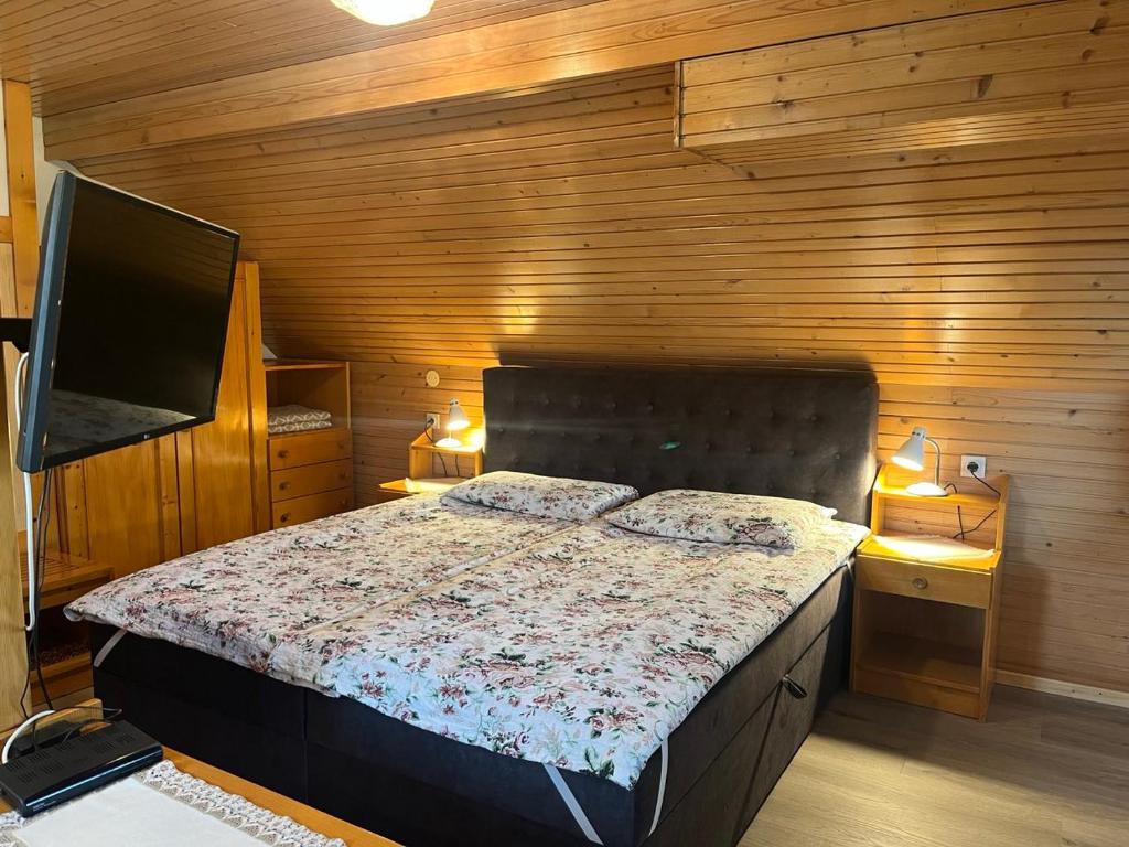 - une chambre avec un lit et une télévision à écran plat dans l'établissement Apartment Cvetek Janez, à Bohinj