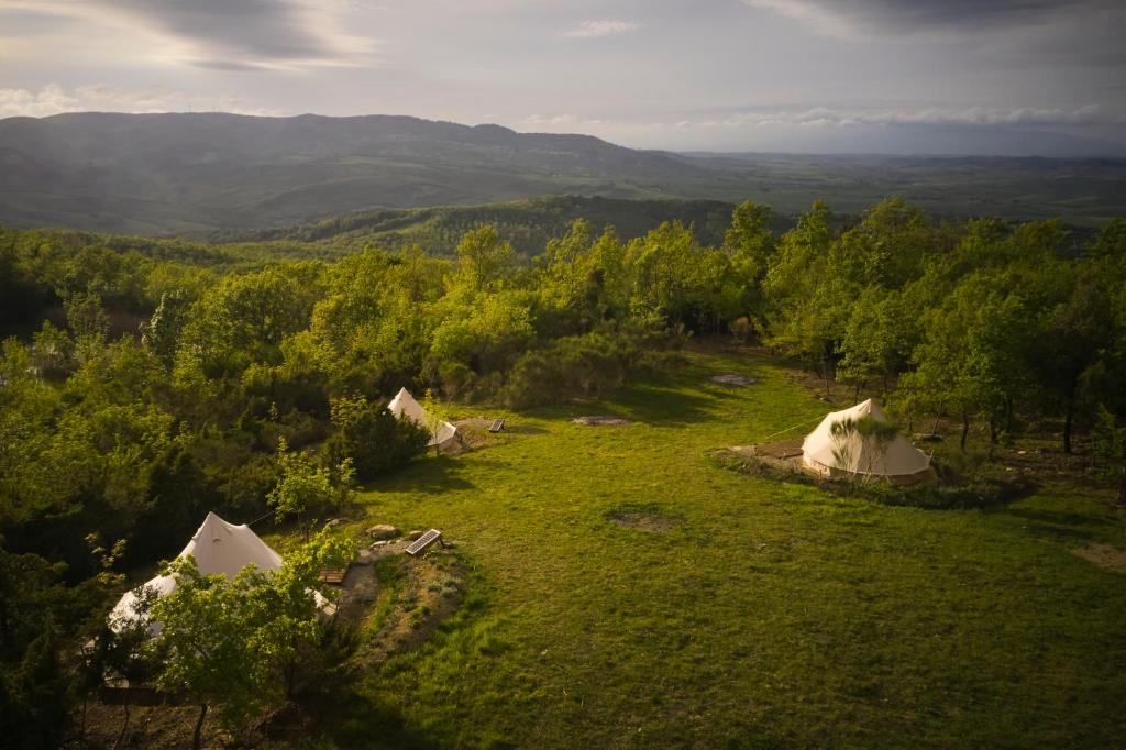 an aerial view of tents in a field with trees at Agricola Ombra - Tents in nature in Lajatico