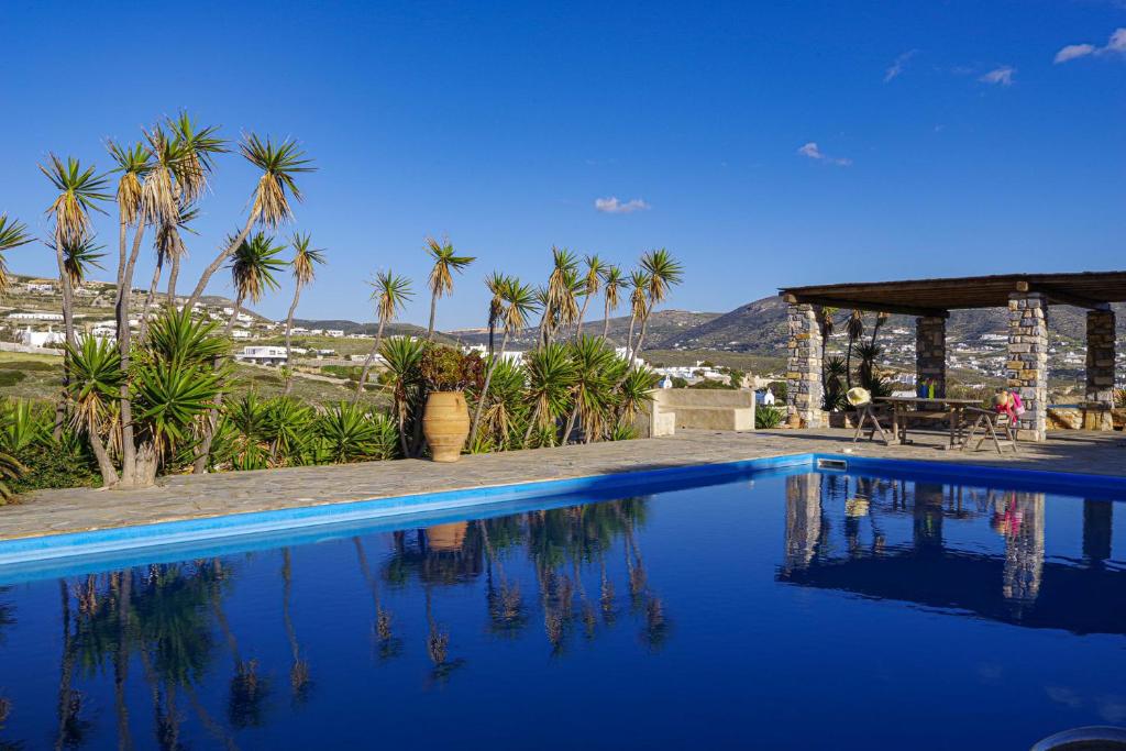 a blue swimming pool with palm trees in the background at Olivia's Countryside House in Krotiri