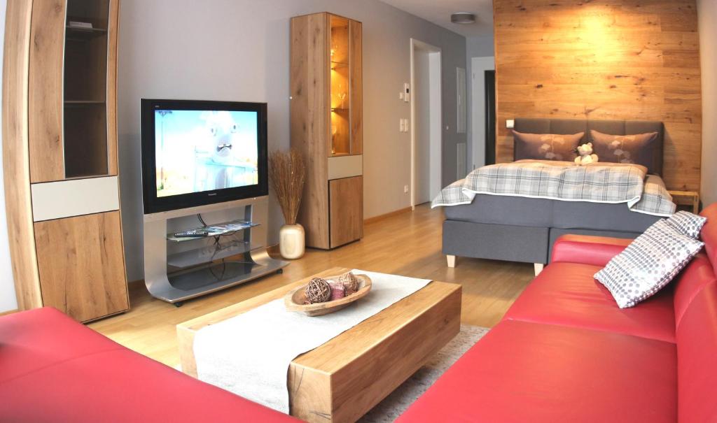 sala de estar con sofá y TV en Exklusive Familienapartment Alpin, en Garmisch-Partenkirchen