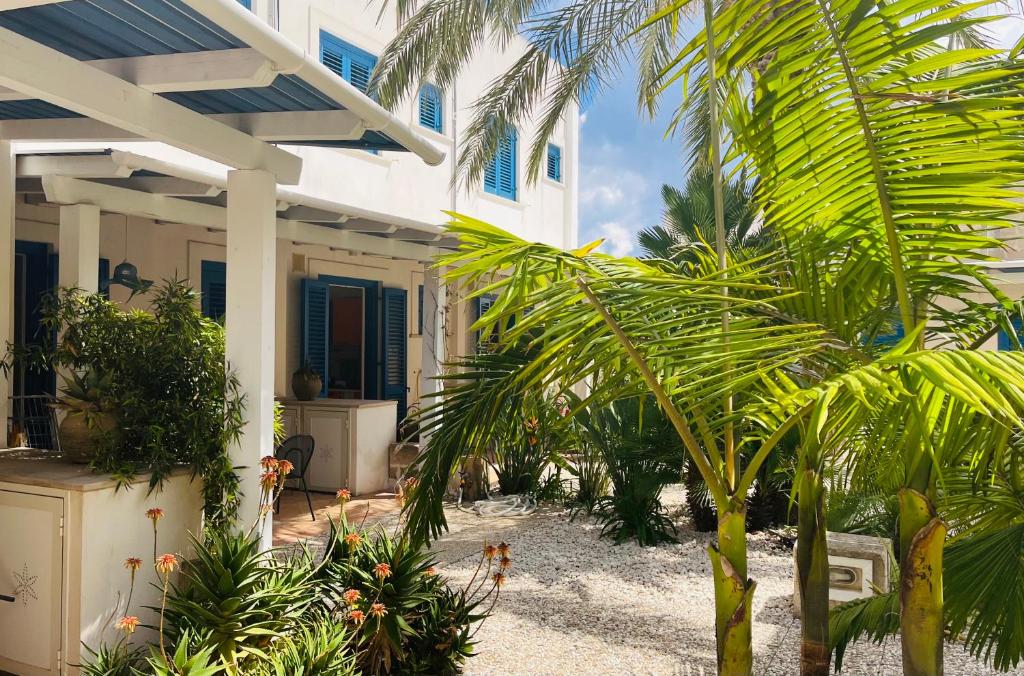 a white house with palm trees in front of it at Orsola Apartments in Favignana