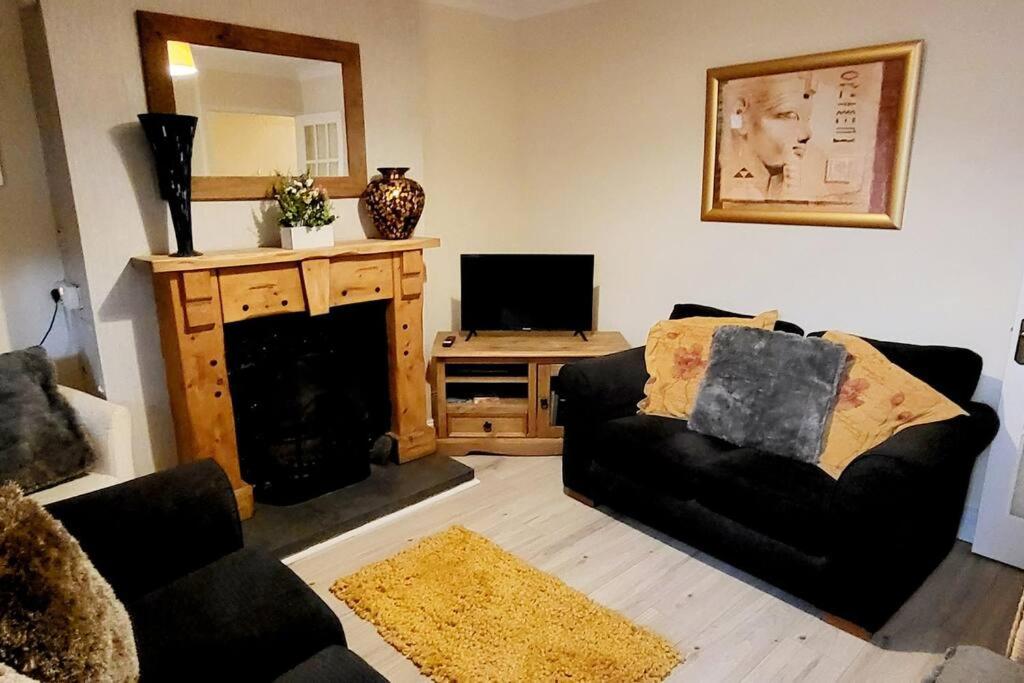 a living room with a black couch and a television at Tods Lodge - Quiet area in Derry City in Derry Londonderry