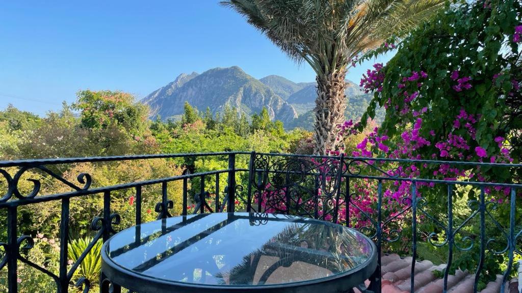 una mesa de cristal en un balcón con vistas a las montañas en HemeransAnatolia, en Cıralı