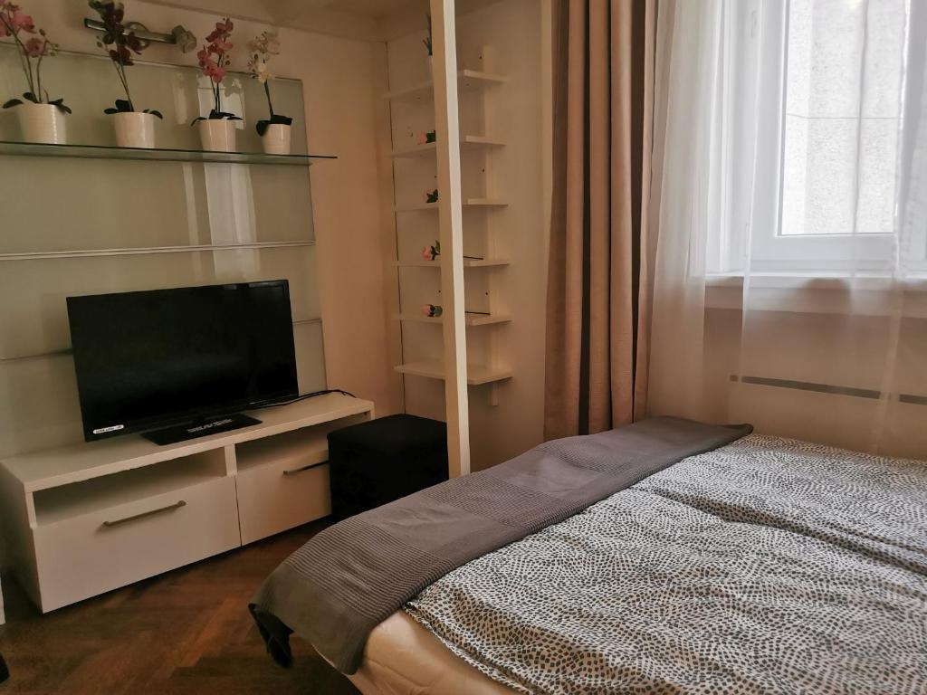 a bedroom with a bed and a flat screen tv at Liberty Bridge Zenta in Budapest