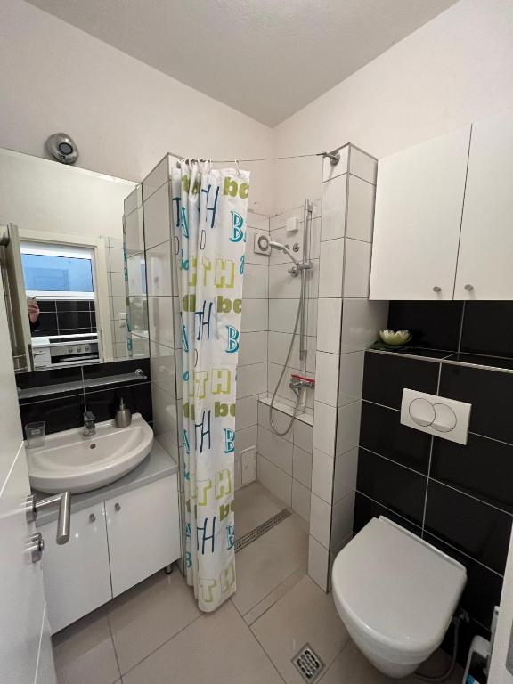 a bathroom with a shower and a toilet and a sink at APARTMANI VIJEĆNICA in Sarajevo