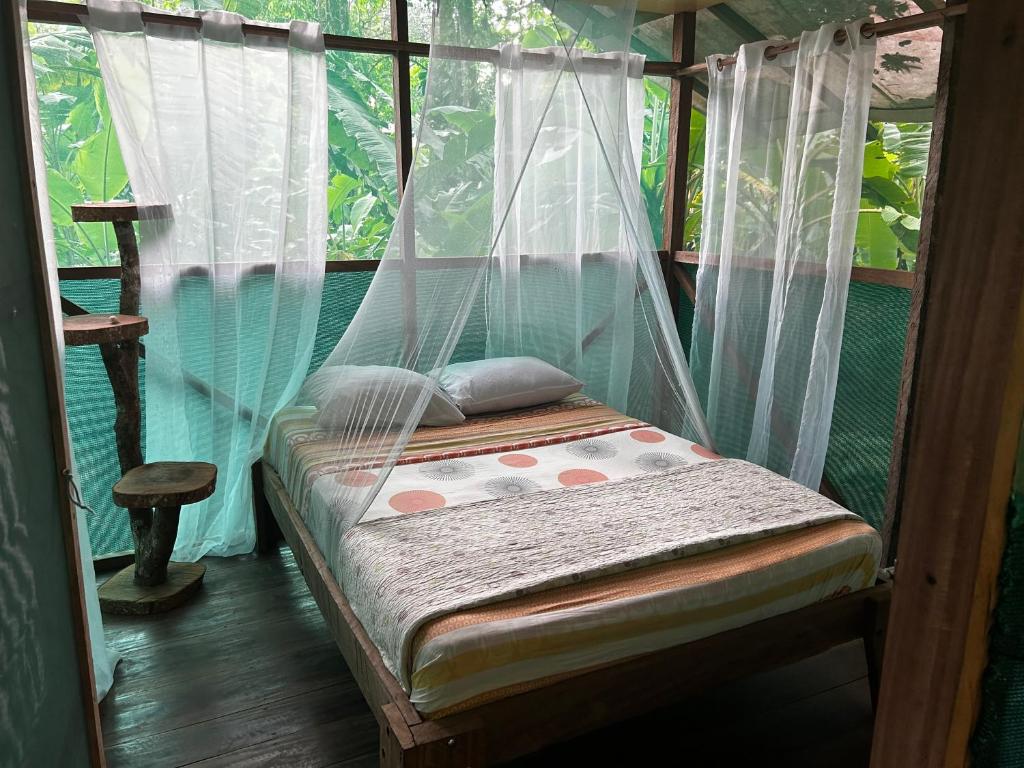 Cama en habitación con mosquiteras en Rio Agujitas Eco Farm hostel and Tours, en Drake