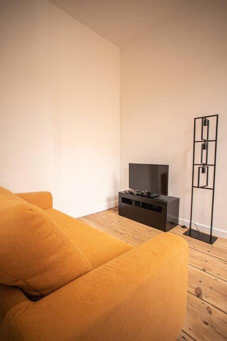 a living room with a couch and a television at LE MONDRIAN - Hôtel de ville - Confort - Paisible - Wi-Fi in Saint-Étienne