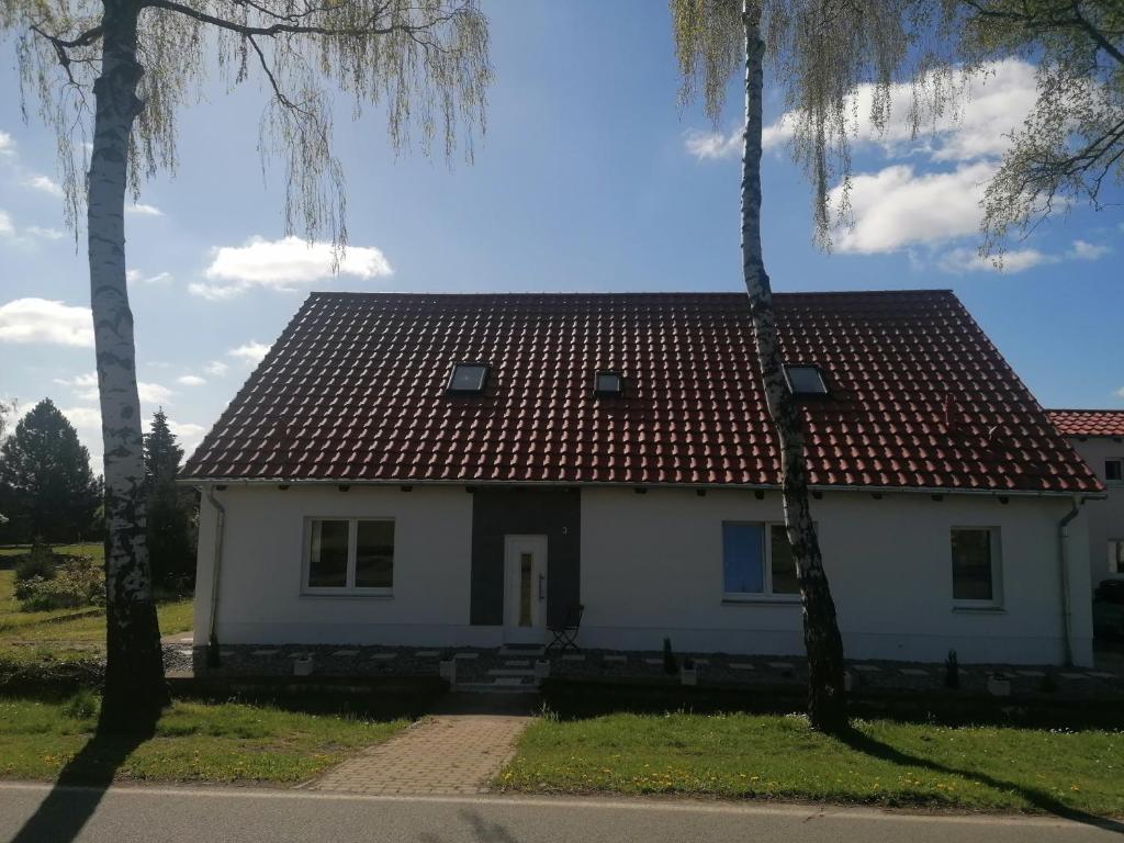 a white house with a red roof and two palm trees at Ferienwohnung IV Sarrebriese in Bottmersdorf