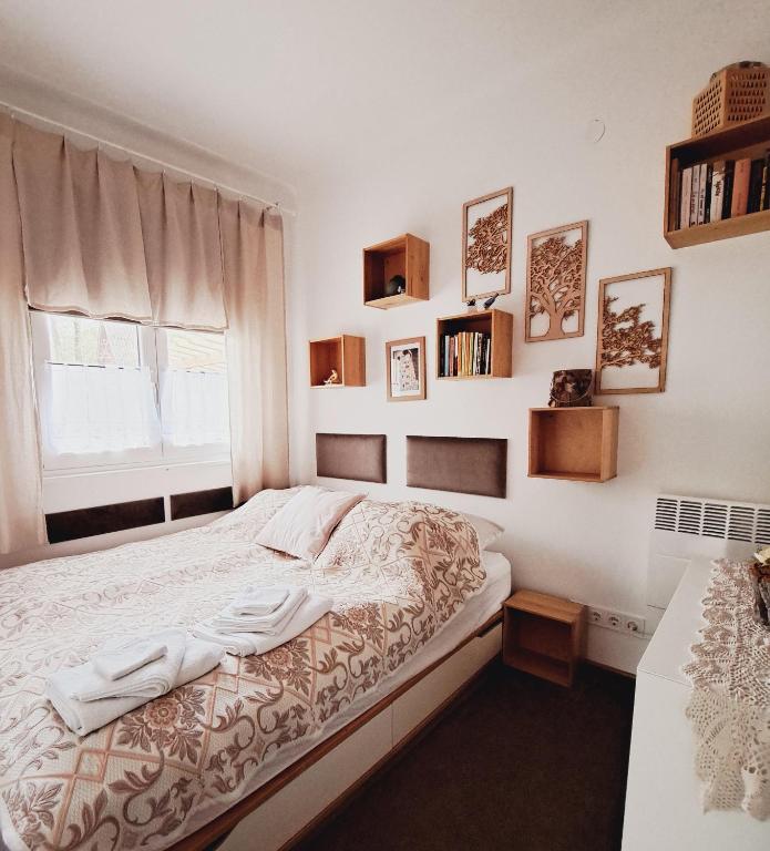 una camera con letto, finestra e scaffali di ŐzikeLak24 a Szigetmonostor