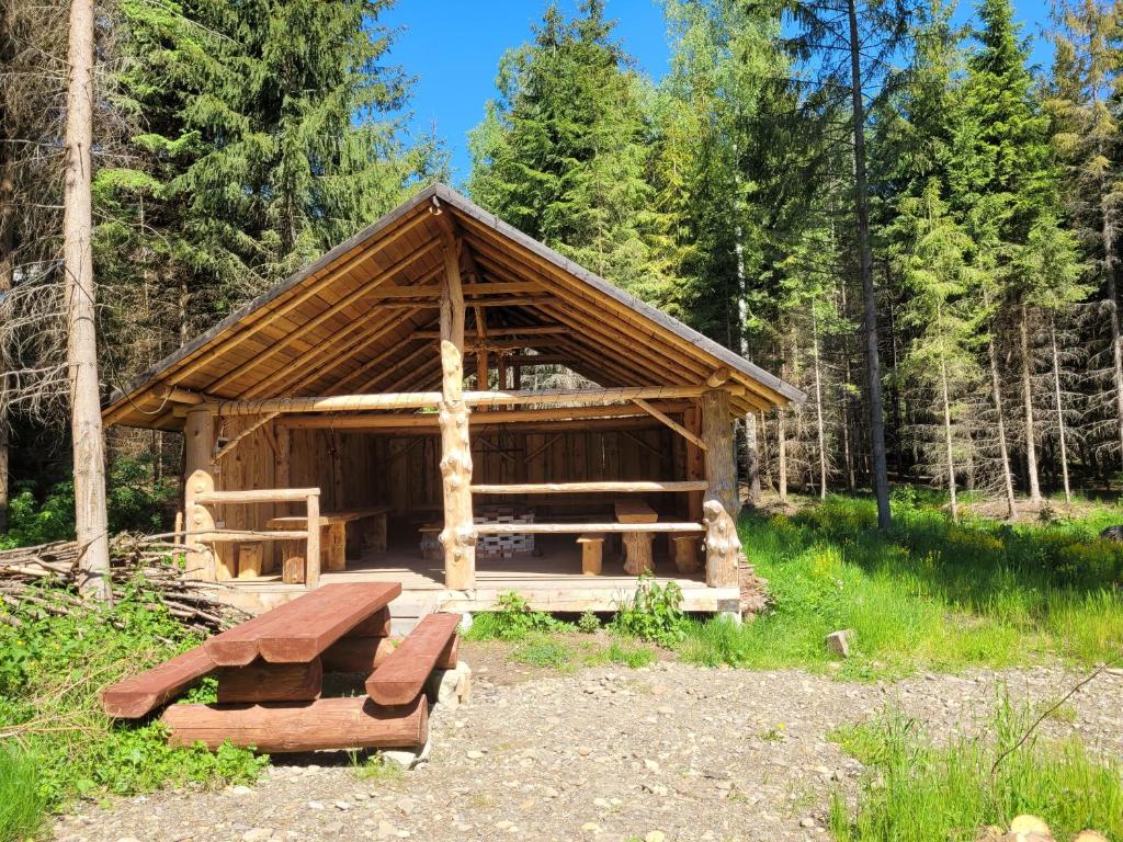 a wooden pavilion in the middle of a forest at Kolyba w lesie - pole biwakowe - Tokarzonka in Istebna