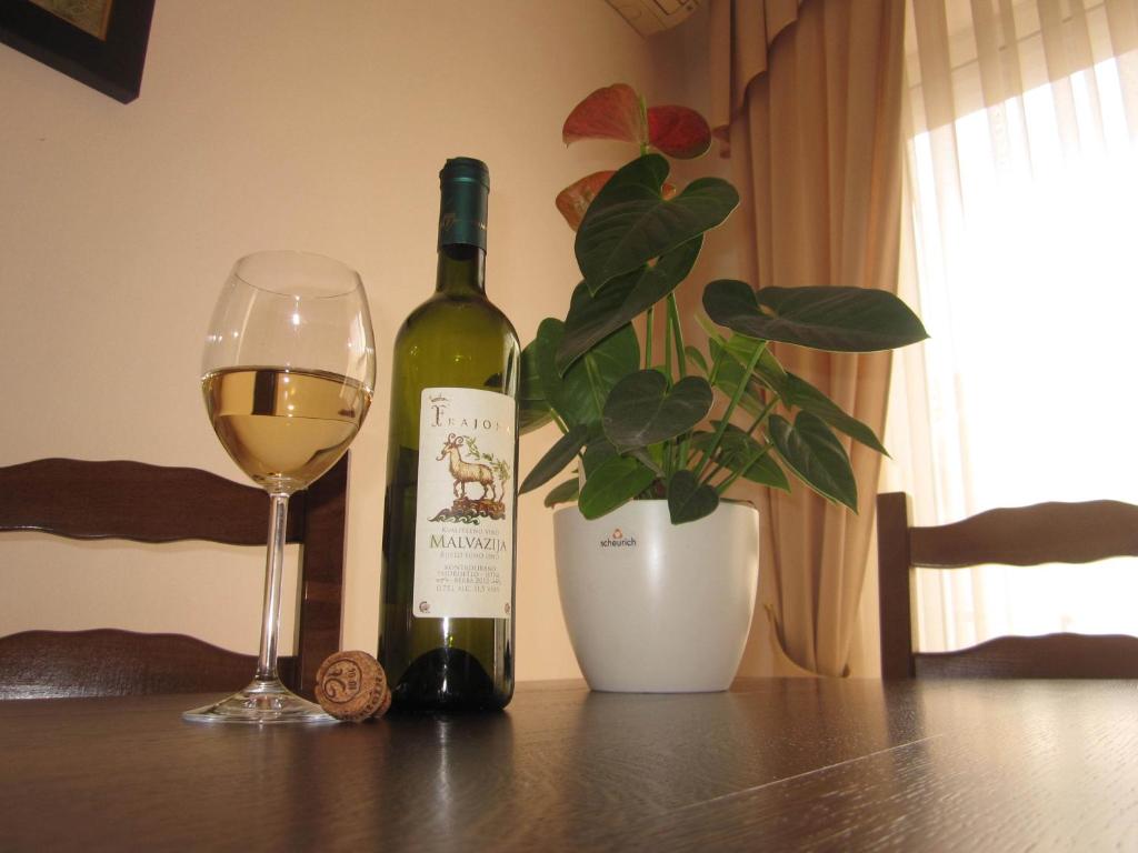 a bottle of wine and a glass on a table at Apartments Skiljan in Crikvenica