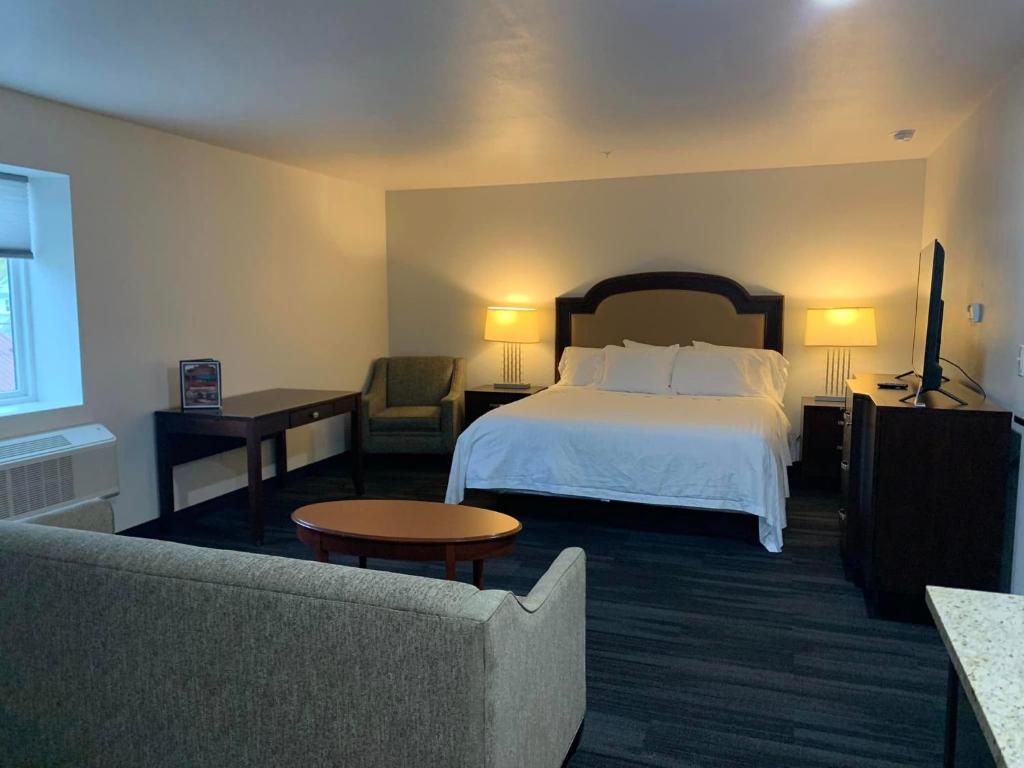 Elker Inn & Suites في Ridgway: غرفه فندقيه بسرير واريكه