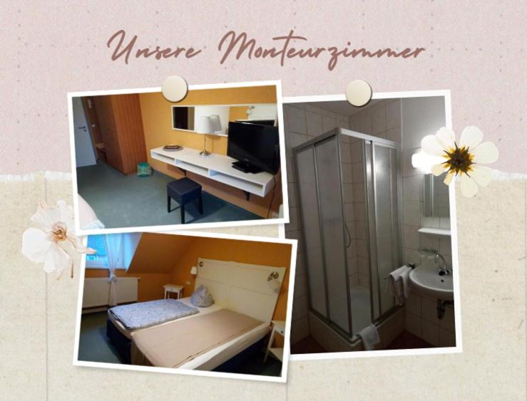 a collage of three pictures of a hotel room at Schlossparkhotel Sallgast in Sallgast