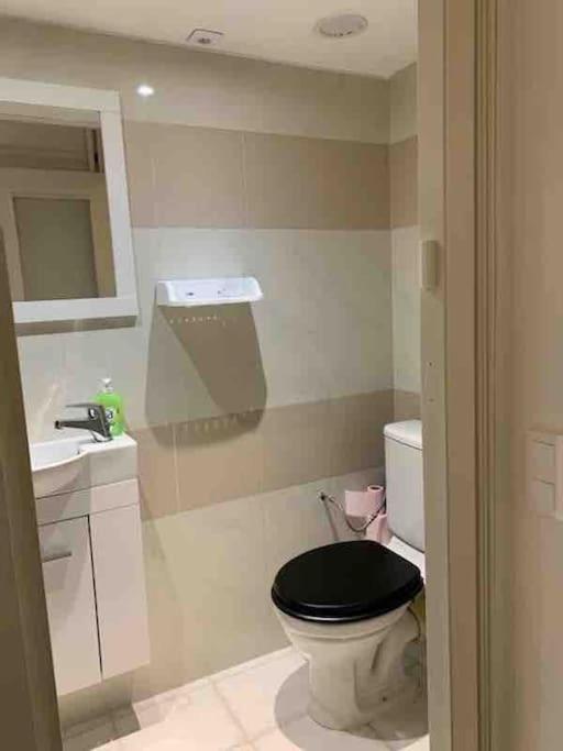 a bathroom with a black toilet and a sink at Appartement atypique et original in Nice
