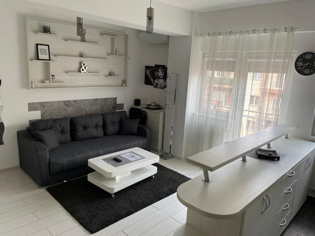 ein Wohnzimmer mit einem Sofa und einem Tisch in der Unterkunft Studio Residence Militari in Bukarest