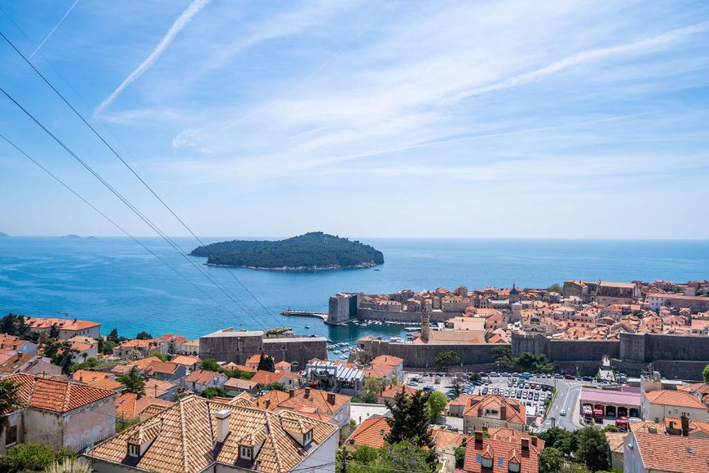 an aerial view of a city and the ocean at Guesthouse Slavka in Dubrovnik